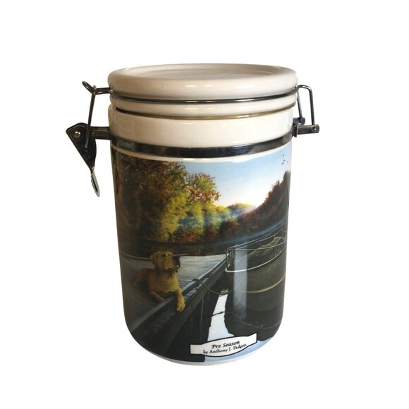 Ceramic Canister With Hinged Lid Anthony J Padgett Pre Season Artwork Dog Autumn - Picture 1 of 9